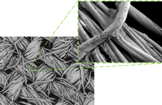Elektronimikroskooppikuva pinnoitetusta kankaasta.