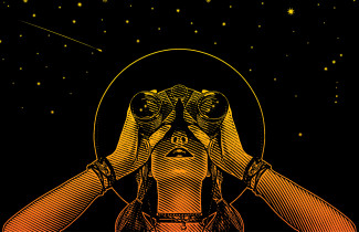 Illustration of woman looking with binoculars.
