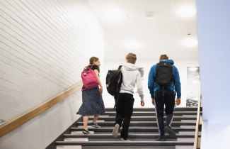 Norssin lukiolaiset kävelemässä koulun portaita.