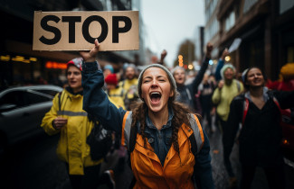 Mielenosoittaja pitää kädessään STOP-tekstillä olevaa kylttiä.