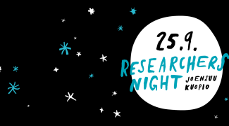 Graphics with moon and stars and the text Researchers' Night 25.9. Joensuu Kuopio
