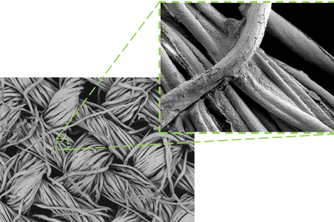 Elektronimikroskooppikuva pinnoitetusta kankaasta.
