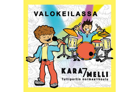 Sarjakuvapiirros laulajasta ja rumpalista.