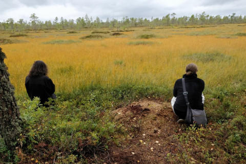 Kaksi ihmistä istuu suon laidalla