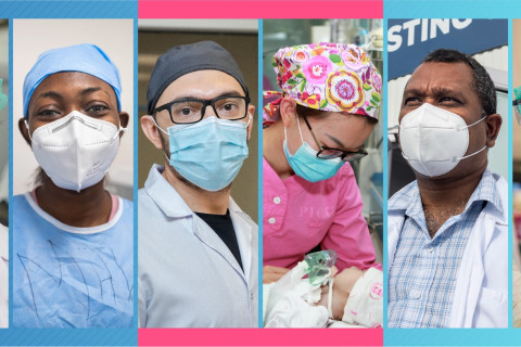 Kuusi ihmistä, joilla terveysalan työntekijän asu ja asusteet.