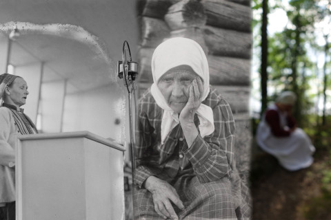 Kuvakollaasissa kolme karjalaista itkijänaista