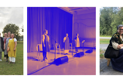 Kuvakollaasissa naisia esiintymässä ja keskustelemassa karjalaisuudesta sekä itkuvirsistä