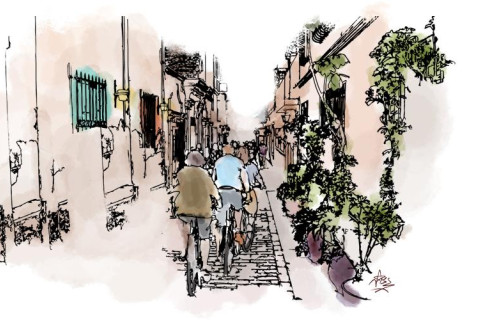 piirroskuva vehreästä kaupunkikadusta ihmisineen