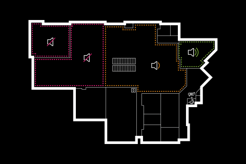 Pohjakuva Joensuun kampuskirjaston 1. kerroksesta. Kuvassa näkyvät tilan äänivyöhykkeet.