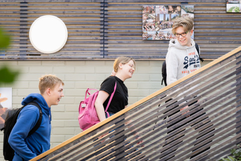 Oppilaat kävelemässä portaita ylös. 