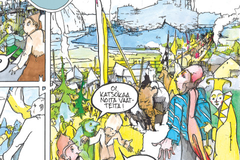 Ote Kari Korolaisen sarjakuvateoksesta Savulumi, joka kertoo Olavinlinnan rakentamisesta ja rajatematiikasta.