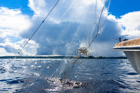 Vene ja kalastusverkko järvellä. Taustalla pilvinen taivas.