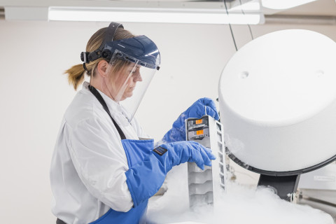 Biopankin työtekijä nostaa näyteräkkiä nestetyppisäiliöstä