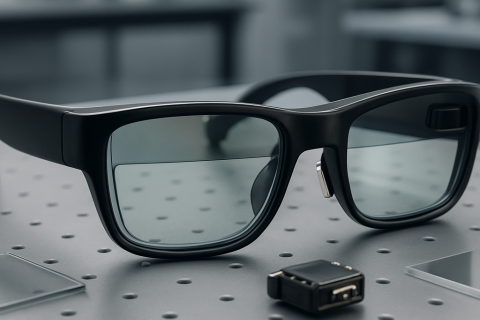 Black‑framed smart glasses with dark tinted lenses rest on a grey perforated metal surface, accompanied by a small black electronic module and a few rectangular glass or mirror component.