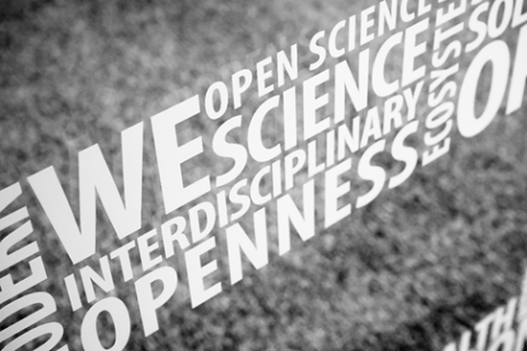 Kuva sanapilvestä: open science, we, interidsciplinary, openness jne.