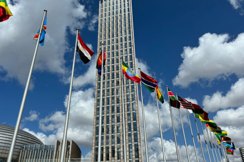 Flags of African Union member states in front of the union's headquarters in Addis Ababa.
