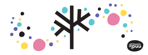 Piirrospuu, värikkäitä palloja ja Osaamispuu-logo