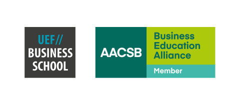 Kauppatieteiden laitoksen ja AACSB-jäsenyyden logot.