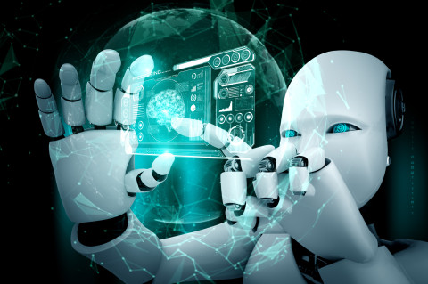 Robot touching a holographic screen.