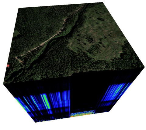 Hyperspektriaineistoa kuvaava datakuutio.