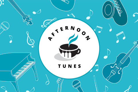 Afternoon Tunes tapahtuman logo ja piirroskuvia soittimista
