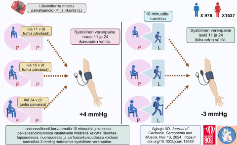 Tutkimuksessa seurattiin 2513 lasta 11 ja 24 ikävuoden välillä. Lapsuudesta varhaisaikuisuuteen lisääntyvä paikallaanolo nosti systolista verenpainetta merkittävästi. Tutkimuksessa osoitettiin laskennallisesti, että korvaamalla 10 minuuttia jokaisesta paikallaanolotunnista vastaavalla määrällä kevyttä liikuntaa lapsuudessa, nuoruudessa ja varhaisaikuisuudessa voidaan saavuttaa 3 mmHg matalampi systolinen verenpaine. Kuva Andrew Agbaje.