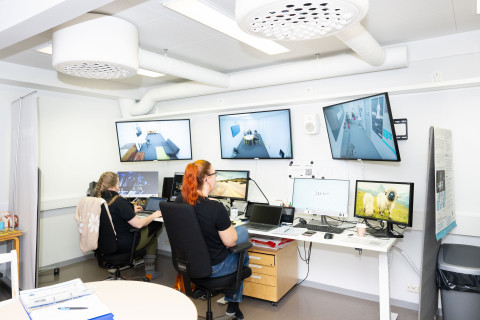 Ohjaaja tarkkaamossa katselemassa ryhmien toimintaa. 