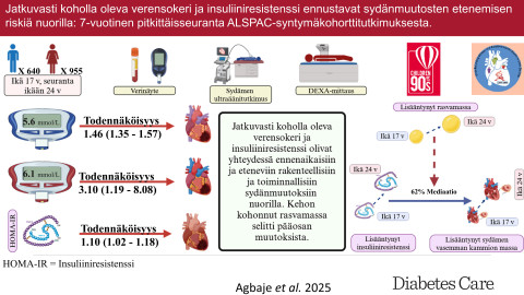 Jatkuvasti koholla oleva verensokeri ja insuliiniresistenssi olivat yhteydessä rakenteellisiin ja toiminnallisiin sydänmuutoksiin. Esidiabetes kolminkertaisti etenevien sydänmuutosten riskin. Alkueräinen kuva Diabetes Care.