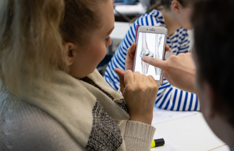 Student studying anatomy on her mobile phone.