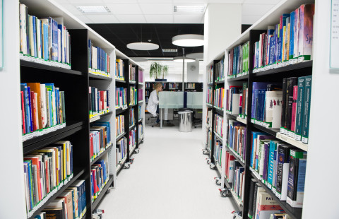 kirjasto, kirjahyllyt, kirjoja.