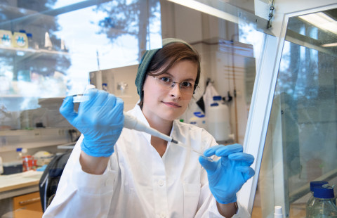 Tutkija pipetoi laboratoriossa