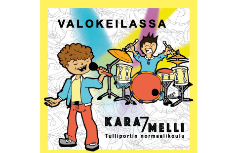 Sarjakuvapiirros laulajasta ja rumpalista.