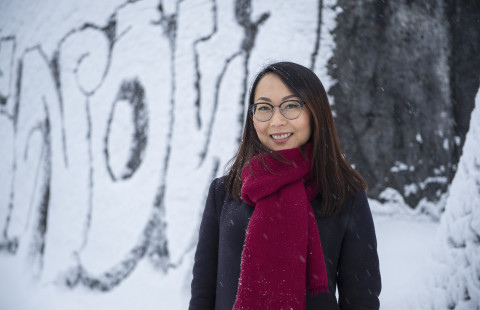 Young woman in wintery scene.
