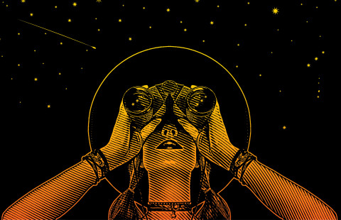 Illustration of woman looking with binoculars.