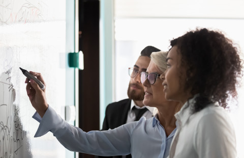 Group of professionals writing on a whiteboard