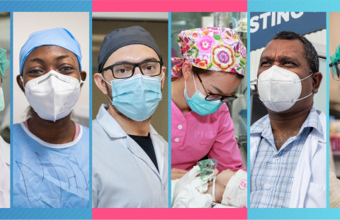 Kuusi ihmistä, joilla terveysalan työntekijän asu ja asusteet.