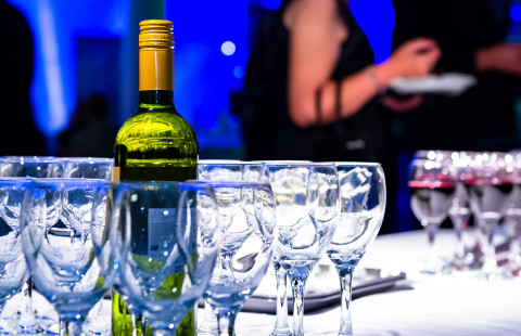 Wine bottles and glasses.