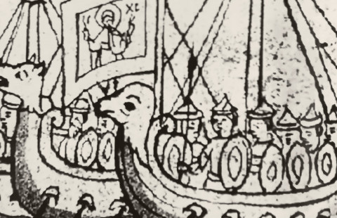 Woodcut of Viking ships.