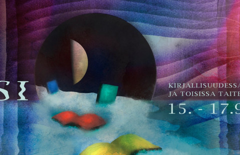 Kirjoja kellumassa aaltoilevassa vedessä akvarellimaisella sinipunaisella taustalla