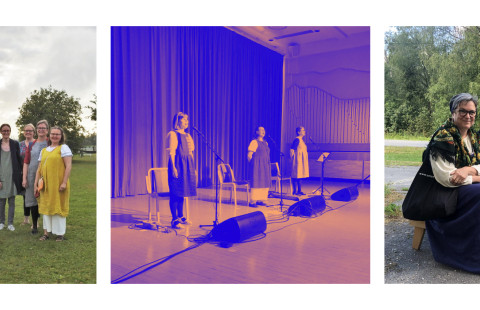 Kuvakollaasissa naisia esiintymässä ja keskustelemassa karjalaisuudesta sekä itkuvirsistä