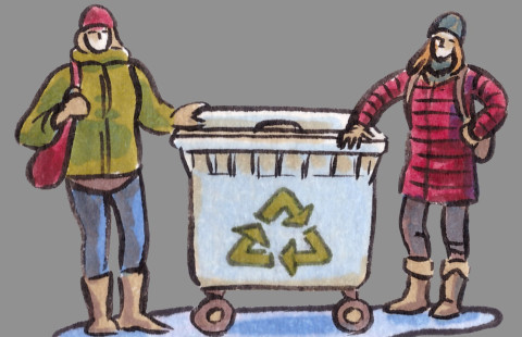Piirroskuva kahdesta henkilöstä kierrätysastian luona.