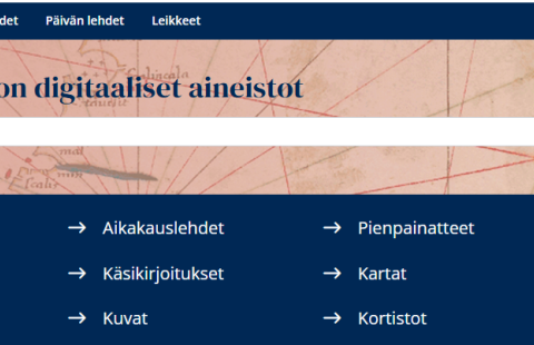 näyttökuva Kansalliskirjaston digitaaliset aineistot -palvelun etusivusta