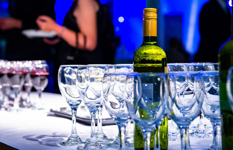 Wine bottles and glasses.