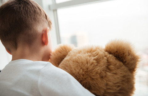 Pikkulapsi katsoo ulos ikkunasta nalle sylissään.