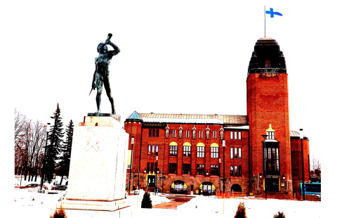 Illustrated view from the Joensuu market place with town hall in the background