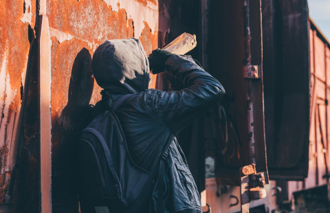 Nuori henkilö juo alkoholia huppu päässä hylätyllä rautatieasemalla.