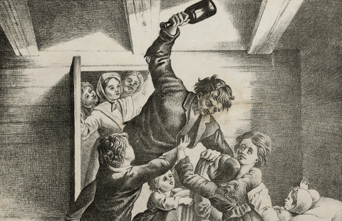 Turmiolan Tommin hahmo on toiminut varoittavana esimerkkinä juopottelun ja rikollisen elämän vaaroista. Kuvassa Frans Oskar Liewendalin painokuva vuodelta 1858. Kuvalähde: Museovirasto, Historian kuvakokoelma.