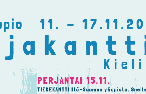 Kirjakantti-tapahtuman logo ja teksti Kuopio 11.-17.11.2024 Kirjakantti Kielikublii. Taustalla saippuakuplatyyppisiä kuvioita.