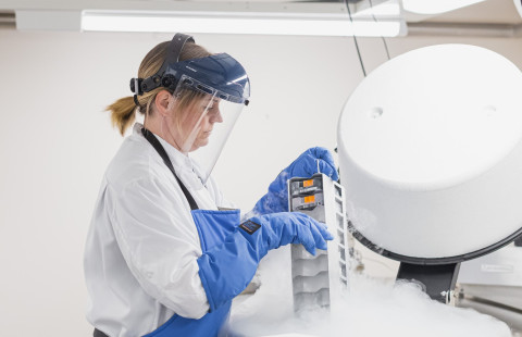 Biopankin työtekijä nostaa näyteräkkiä nestetyppisäiliöstä
