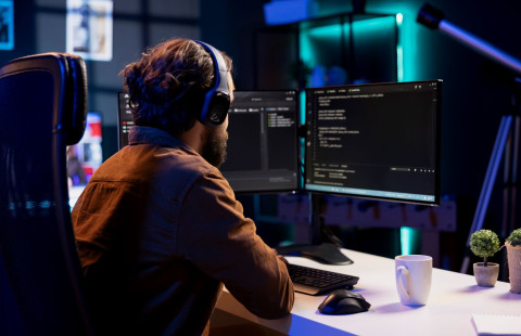 Henkilö kuulokkeet korvilla näyttöpäätteiden edessä.